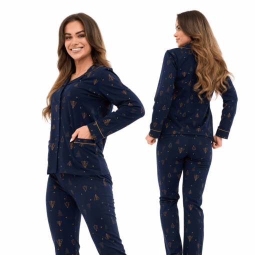 Piżama damska Cornette 482/447 Gold Christmas rozpinana długa granatowy