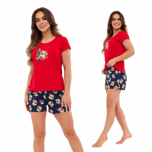 Piżama damska Cornette 628/432 Teddy 2 Christmas krótka bawełna czerwony